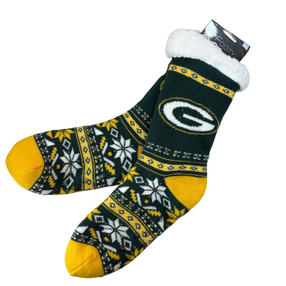 Green Bay Packers Fair Aisle Tall Footy Slipper NWT NFL Non-Skid Women's Sz 6-10